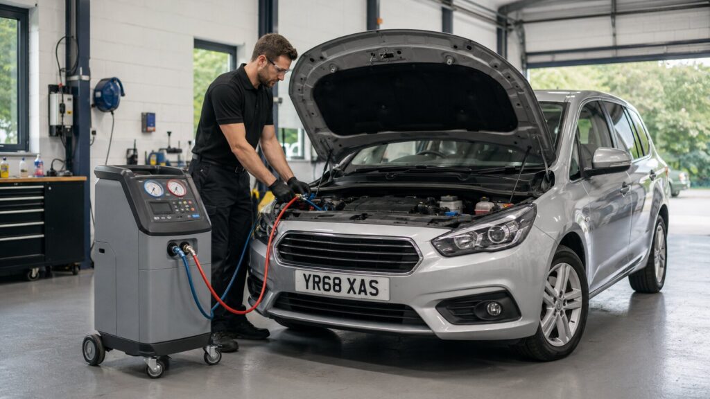 Auto technician wearing safety glasses performs engine diagnostics on a silver SUV with the hood open in a workshop.