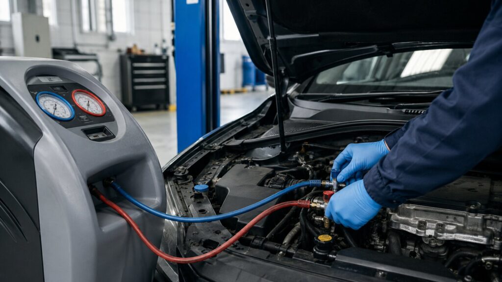 Technician in blue gloves attaches red and blue hoses to a car's engine bay during refrigerant service in a workshop.