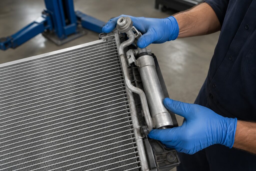 Mechanic with blue gloves handling a car radiator/heat exchanger in a workshop repair bay.